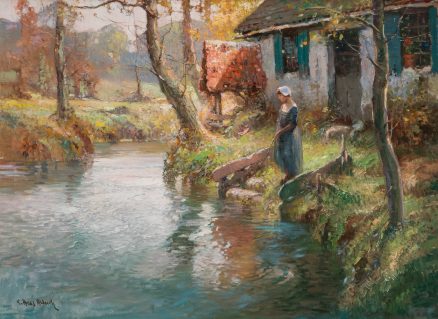 An oiling painting of a woman standing on the bank of a small stream in a lightly wooded rural setting. Painted circa 1920s by the American artist George Ames Aldrich.