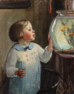 Oil painting of young white girl wearing a cream pinafore with blue collar. She gazes curiously into a bowl of goldfish, her left hand resting against the glass.