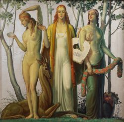 An oil painting depicting three elegant white women standing in a row.